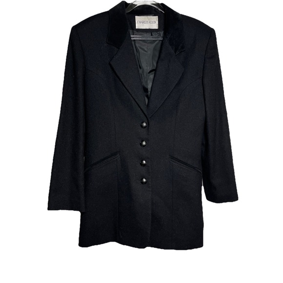 Charles Klein Jackets & Blazers - Vintage Charles Klein Womens Size 6 Black Wool Blazer Suede Collar Elbow Patches